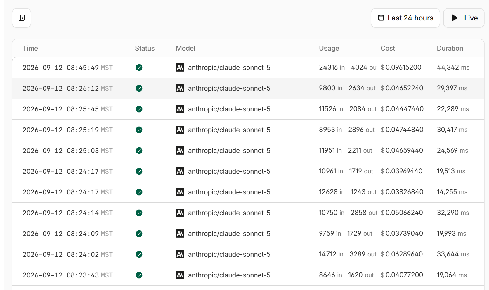 Cloudflare AI Gateway log listing manifest check requests with token usage and cost per request