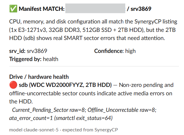 A Slack message reporting a manifest MATCH that was posted because a drive has pending sector errors